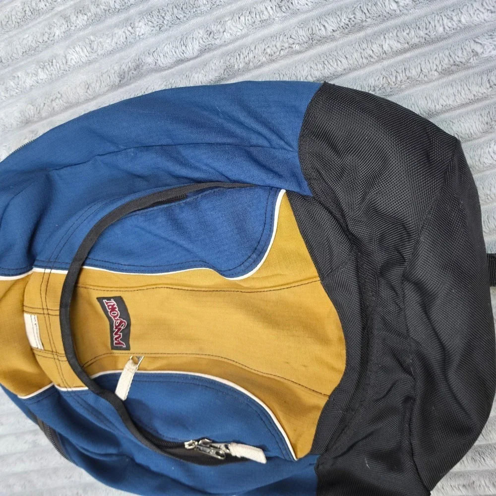 JanSport AirLift Backpack Blue Yellow Multi Pocket Gel Strap Hiking School Bag